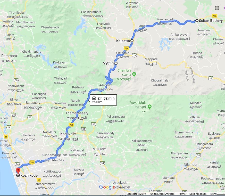 Sulthan Bathery to Kozhikode - Indicating the locations